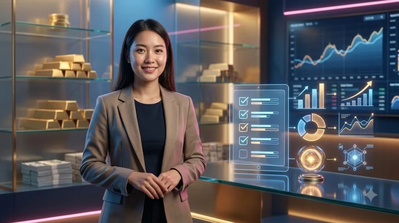 Bàn làm việc hiện đại với laptop, biểu đồ tròn hologram và chồng đồng xu vàng minh họa phân bổ ngân sách