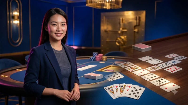 Bàn tay xáo và chia bài poker trên bàn casino với chip vàng, minh họa cách luyện tập ghi nhớ thứ tự tay bài