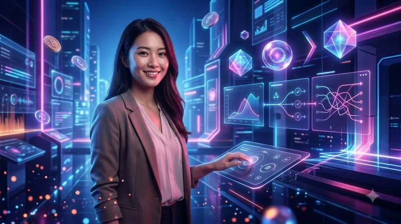 Biểu tượng cảnh báo và đồng xu vàng trên nền neon với các mũi tên quyết định