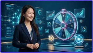 Chiếc vòng quay may mắn phát sáng trên bề mặt phản chiếu cùng các đồng xu vàng lơ lửng