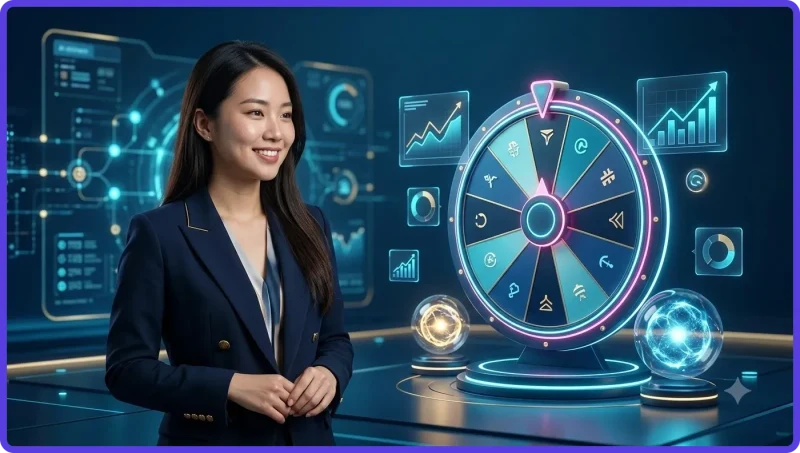 Chiếc vòng quay may mắn phát sáng trên bề mặt phản chiếu cùng các đồng xu vàng lơ lửng