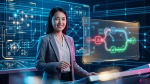 Chuyên viên hỗ trợ khách hàng phân tích nguyên nhân lỗi giao dịch qua giao diện hologram minh họa