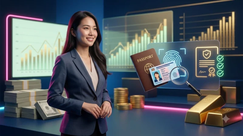 Điện thoại hiển thị quy trình KYC hoàn tất với các biểu tượng lợi ích bảo mật và tốc độ