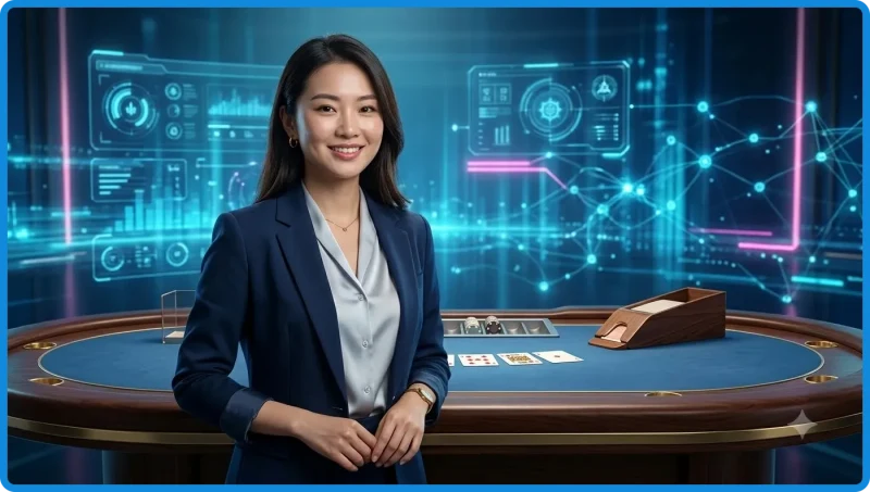 Giao diện bàn blackjack ALO789 trên thiết bị hiện đại, ánh sáng neon cinema cao cấp
