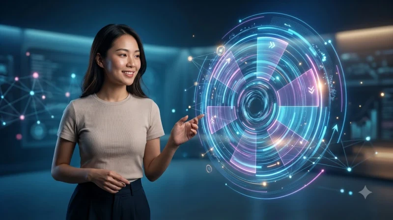 Giao diện bảng điều khiển kỹ thuật số ảo với các biểu đồ hiệu suất và biểu tượng chiến lược