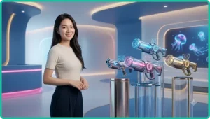 Minh họa quá trình bắn mũi lao ALO789 về phía các loài cá nhiệt đới trong môi trường arcade đại dương neon, không có chữ