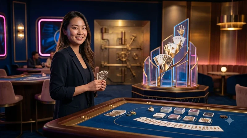 Mười tay bài poker xếp theo thứ tự từ royal flush đến high card trên bàn casino tối màu