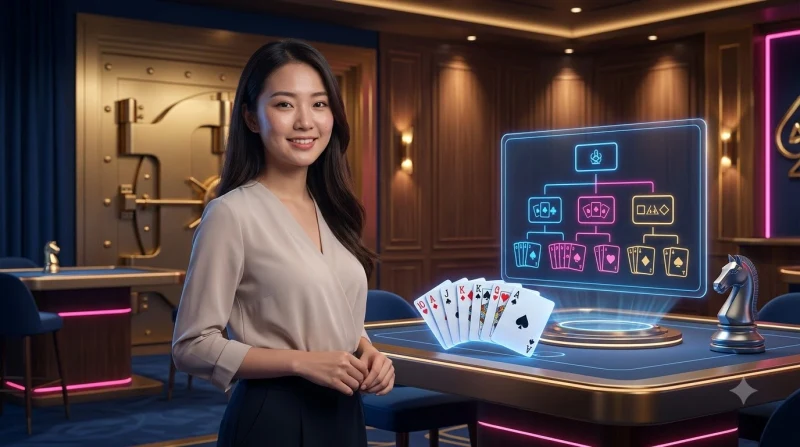 Người chơi cầm bài poker trên bàn với thang thứ tự tay bài mờ phía sau, minh họa tầm quan trọng của việc hiểu thứ tự bài