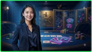 Người chơi cầm bài poker trên bàn với thang thứ tự tay bài mờ phía sau, minh họa tầm quan trọng của việc hiểu thứ tự bài