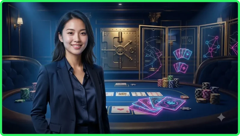 Người chơi cầm bài poker trên bàn với thang thứ tự tay bài mờ phía sau, minh họa tầm quan trọng của việc hiểu thứ tự bài