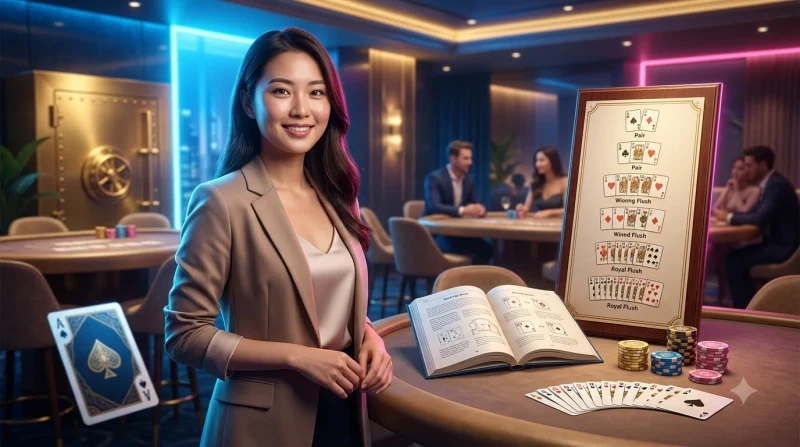 Người chơi poker nhìn từ phía sau quan sát các tay bài được sắp xếp theo thứ tự sức mạnh trên bàn casino