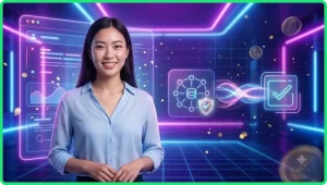 Người chơi xem hướng dẫn luật mậu binh ALO789 trên màn hình hologram với các chi bài được sắp xếp rõ ràng