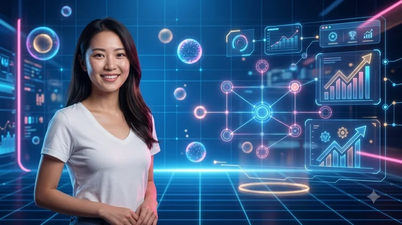 Người chơi xem hướng dẫn luật mậu binh ALO789 trên màn hình hologram với các chi bài được sắp xếp rõ ràng
