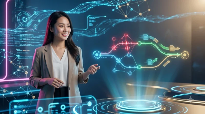 nguoi-dung-theo-doi-quy-trinh-bon-buoc-xu-ly-loi-giao-dich-hien-thi-duoi-dang-hologram-workflow Người dùng theo dõi quy trình bốn bước xử lý lỗi giao dịch hiển thị dưới dạng hologram workflow