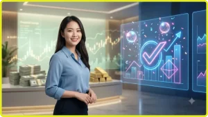 Người phụ nữ tra cứu kết quả xổ số ALO789 trên điện thoại với các biểu tượng số may mắn