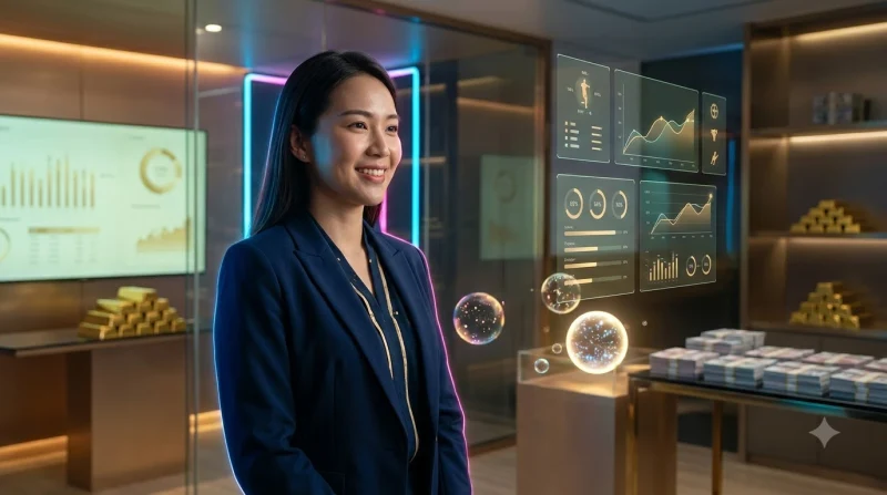 Người phụ nữ trẻ mỉm cười bên màn hình hologram với biểu đồ tăng trưởng và vòng tròn thành công