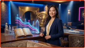 Người phụ nữ xem lịch sử tài khoản ALO789 trên màn hình hologram với các biểu tượng giao dịch