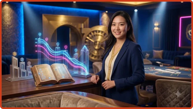 Người phụ nữ xem lịch sử tài khoản ALO789 trên màn hình hologram với các biểu tượng giao dịch