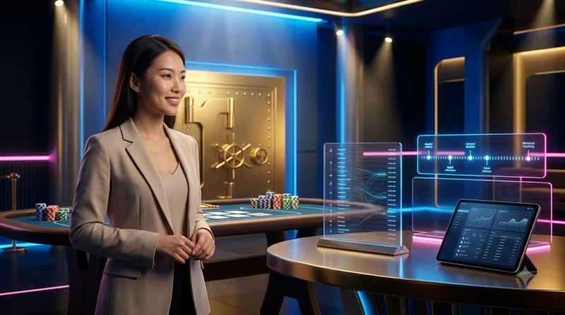 Người phụ nữ xem lịch sử tài khoản ALO789 trên màn hình hologram với các biểu tượng giao dịch