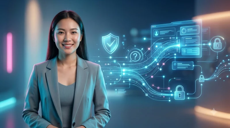 nhan-vien-ho-tro-khach-hang-voi-bieu-tuong-bao-mat-hologram-minh-hoa-quy-trinh-lien-he-ho-tro-an-toan Nhân viên hỗ trợ khách hàng với biểu tượng bảo mật hologram minh họa quy trình liên hệ hỗ trợ an toàn