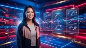 Sân tennis hiện đại với màn hình dữ liệu hologram và vợt tennis ở tiền cảnh